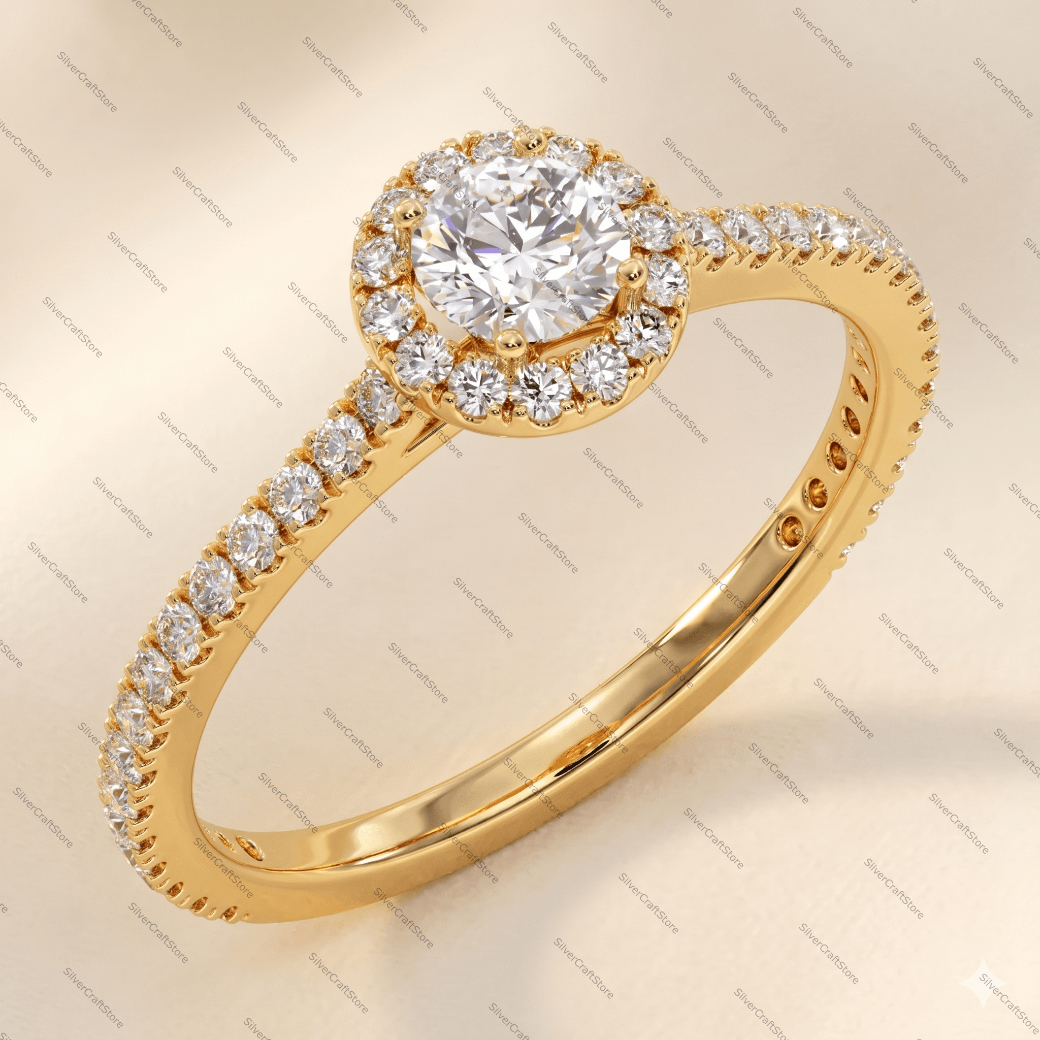 Round Halo Moissanite Ring – Sterling Silver Pave Engagement Bridal Jewelry