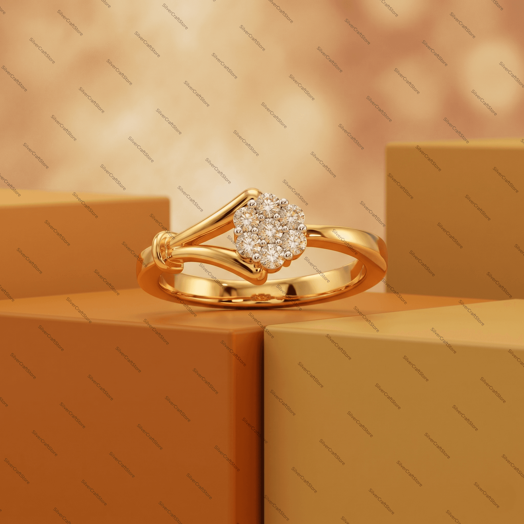 Floral Moissanite Ring, Asymmetrical Knot Band, Sterling Silver Daisy Promise Ring